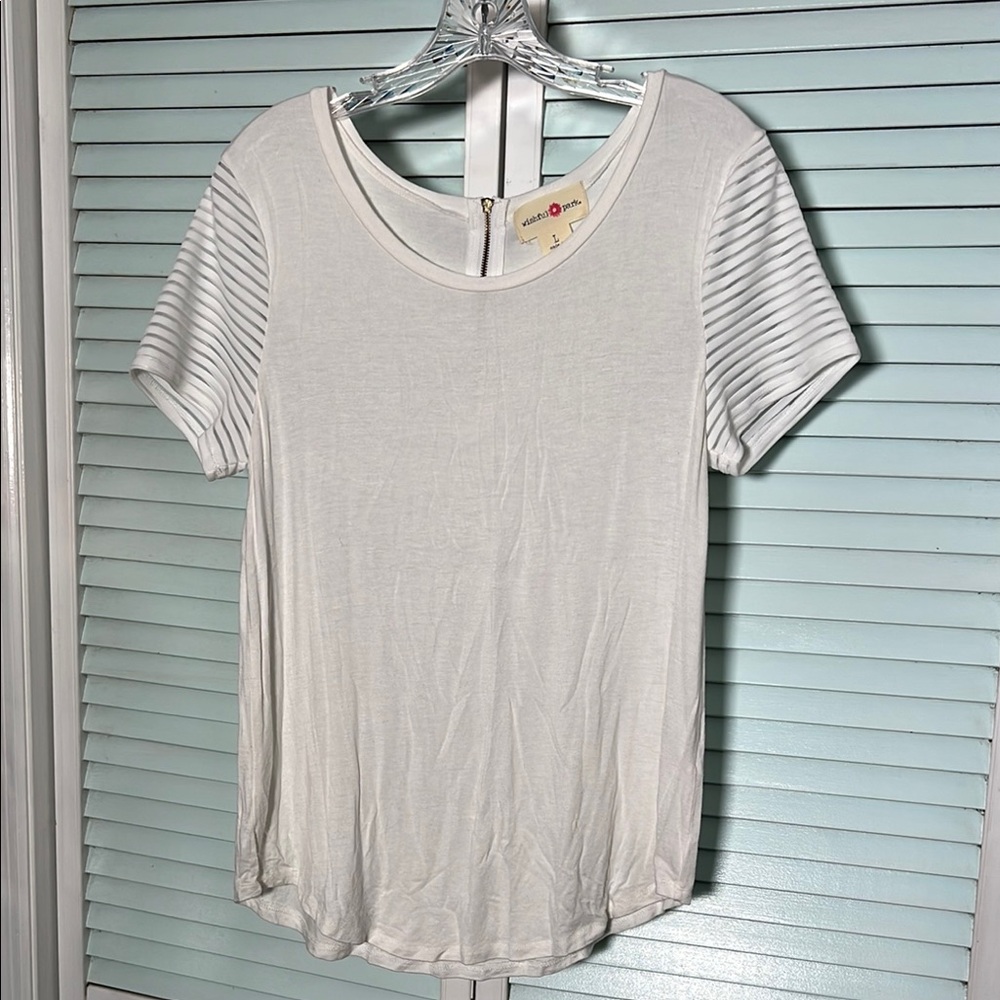 Women's White Sheer-Striped Short Sleeve Top